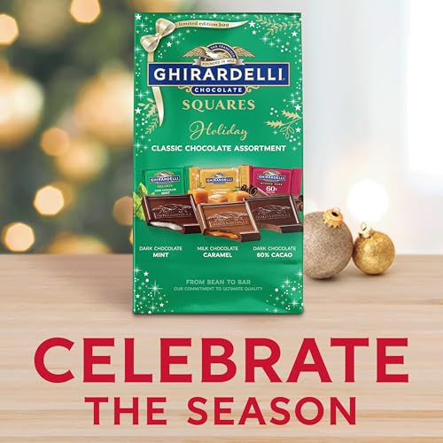 Image of GHIRARDELLI Holiday Classic Chocolate Assortment SQUARES - Limited Edition Milk & Dark Chocolate Candy with Caramel and Mint Flavors, Individually Wrapped, 8.6 oz Bag (Pack of 2)