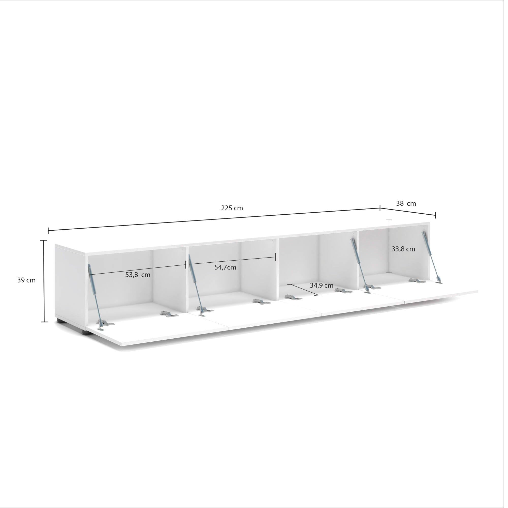 Dmora - Mobile porta TV Randfontein, Credenza da soggiorno, Armadio basso per TV, Base parete attrezzata, Made in Italy, 225x38h39 cm, Bianco lucido