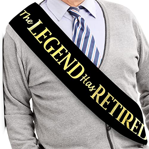 The Legend Has Retired Sash – Black and Gold Foil Retirement Sash with Large Gold Metal Pin for Men & Women. Great for Farewell Work Party, Events and Novelty Gift by JPACO The Legend Has Retired Sash – Black and Gold Foil Retirement Sash with Large Gold Metal Pin for Men & Women. Great for Farewell Work Party, Events and Novelty Gift by JPACO