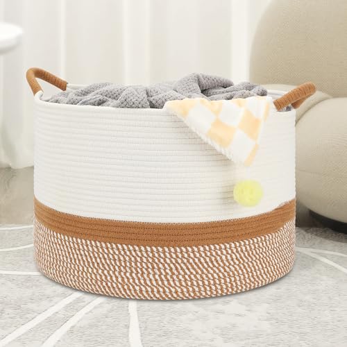 Eblog Large Blanket Basket (20"x13"),Woven for Storage Dirty Clothes Basket for Laundry, Living Room, Nursery, Bedroom Rope Storage Basket for Blankets(White/Brown)