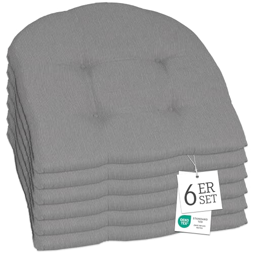 Beo Sitzkissen Stuhl 40x40 cm Halbrund 6er Set | Atmungsaktives Sitzkissen Gartenstuhl Made in EU | UV-beständiges Sitzpolster | Stuhlkissen Outdoor waschbar | Sitzkissen Bank in Hell-Grau