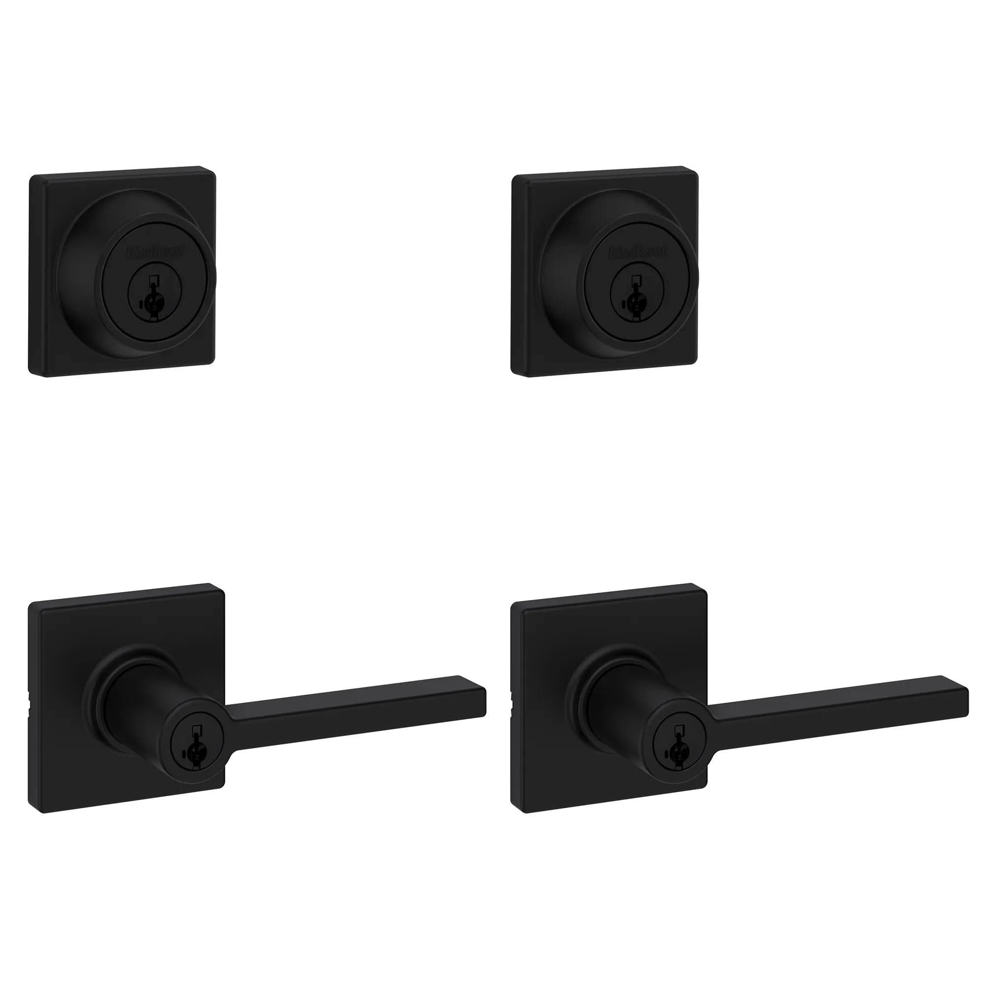 Kwikset Casey Square Front Door Lock Handle and Deadbolt Set, Entry Exterior with Interior Reversible Lever, Matte Black, Project Pack, Pick Resistant SmartKey Rekey Deadbolt Security
