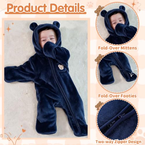 Image of Fairy Baby Newborn Baby Bear Outfit With Fold-Over Mittens Footies Thin Fleece Romper Hooded Jumpsuit Winter Coat Girls Boys