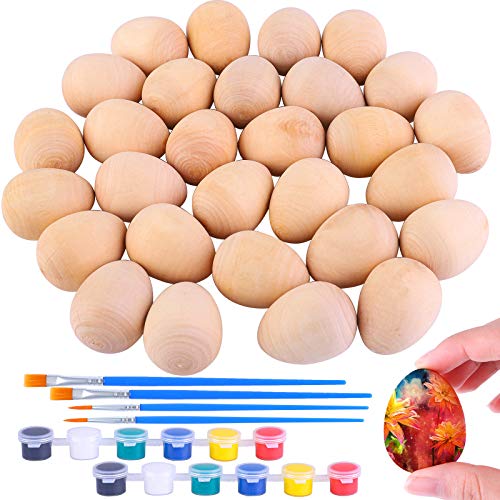 ADXCO 30 Pieces Unfinished Wooden Eggs Wooden Fake Unpainted Eggs Mini Easter Craft Eggs with Brushes and Paints for Easter DIY Tool