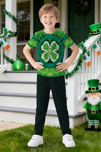 Image of TMSD Unisex Kids St.Patrick's Day T-Shirt Short Sleeve Crew Neck Clover Shamrock Tee 4-14 Years