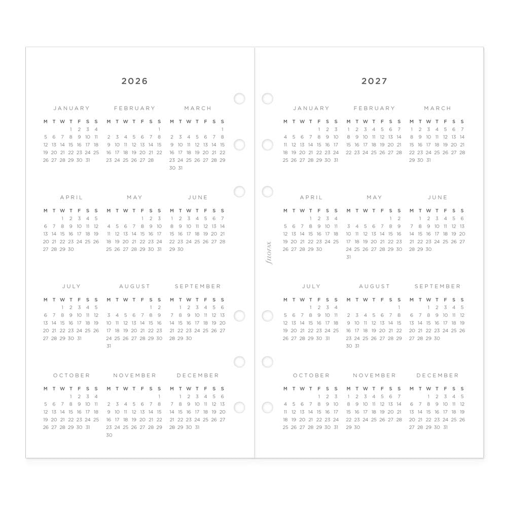 Filofax Kalender-Tagebuch-Nachfüllpackung, persönliche/kompakte Größe, Wochenansicht, minimales Tagebuchpaket, weißes Papier, mehrsprachig: fünf Sprachen, 2026 (C68490-26)