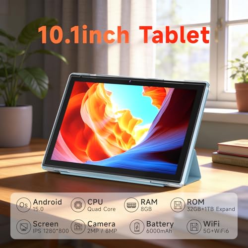 Image of WUIUHOU 10.1 Inch Android 15 Tablet, 8GB RAM 32GB Storage, HD IPS Display, 5G WiFi 6,6000mAh Battery, Dual Camera for Video Call, Tab with Case & Stylus Pen for Work /Study Tablet with case (Blue)