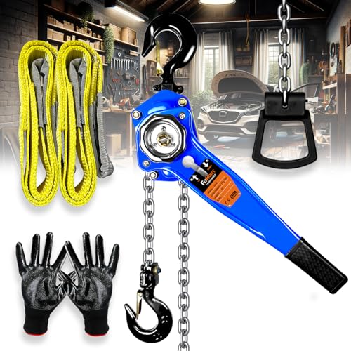 FITHOIST 1 1/2 Ton Lever Chain Hoist w/ 2 Lift Sling Straps and Gloves - 3300LBS Chain Come Along 10Ft Lift, for Garage, Open-Air and Unpowered Operations