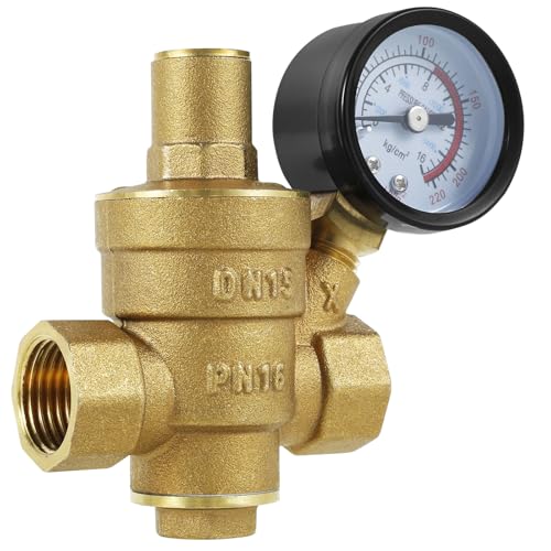 Jiavlyx Regulador de presión de agua 1/2 pulgadas DN15 con manómetro, regulador de presión de agua ajustable, válvula reductora de presión de agua de 1,6 PMA, fabricado en latón de alta dureza