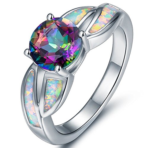 Rhodium Plated Fire Opal Cubic Zircon Wedding Engagement Anniversary Ring Propose Statement Valentine (Silver, 6)