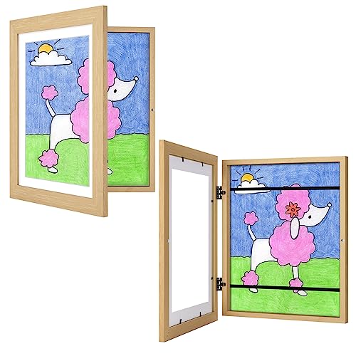 Image of 2 Pack Kids Artwork Frame Natural Woodgrain, 10x12.5 Child Art Frame Without Mat Changeable Front Opening, 8.5x11 Frame With Mat, Children Storage Frame Holds Crafts, Drawing, Art Project, Schoolwork