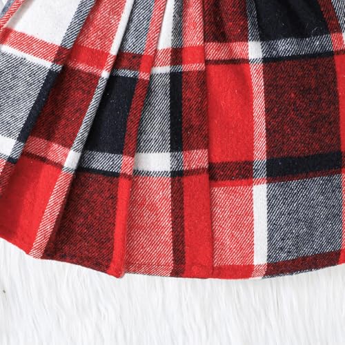 Image of Toddler Girls Christmas Outfits Girls Puff Sleeve Knit Ribbed Tops Button Down Vest Plaid Skirt Set Winter Clothes