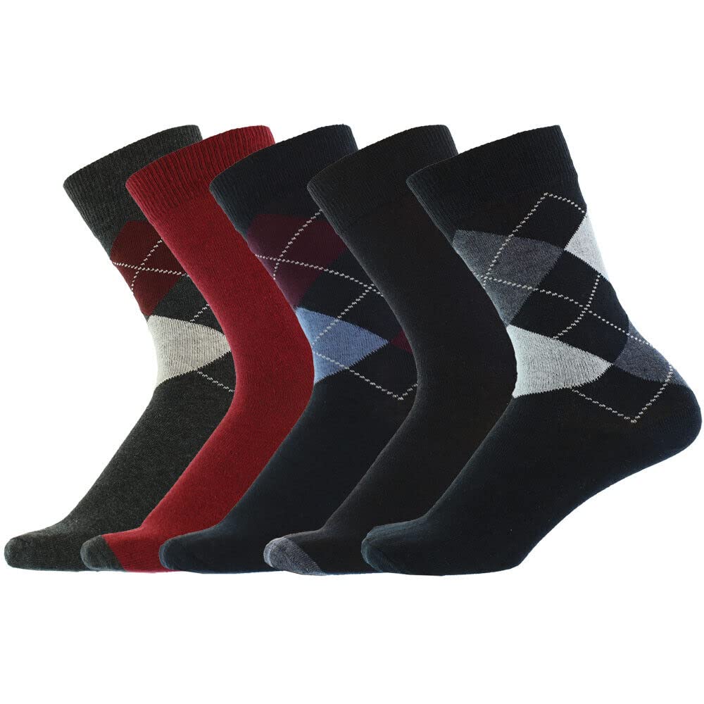 Mens Multipack 5 Pairs Smart Argyle Cotton Rich Socks Everyday Workwear Casual Trouser Multicoloured Older Boys Size UK 9-11 9 10 11 Big Foot Unisex Ladies Older Boys Adult