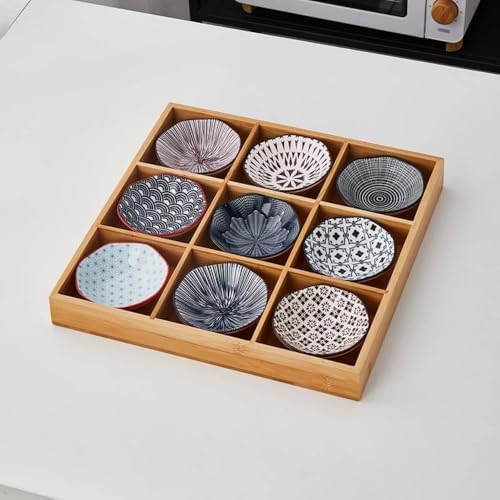AKILER rお皿小皿セット和風小皿竹トレイ陶器前菜皿深型仕切り付き天然木9点小鉢醤油皿前菜皿盛り鉢和食器セラミックアイスクリームソース皿火鍋焼肉屋寿司屋食洗 (F)
