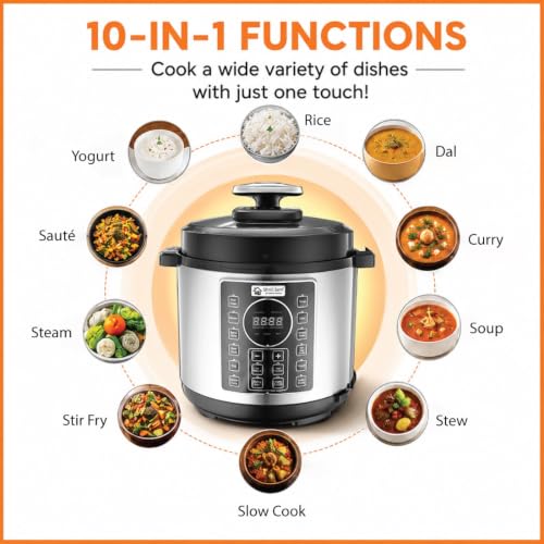 Image of Shri & Sam Stainless Steel Electric Pressure Cooker | Automatic Pressure Cooking | Multi-Cooking Electric Cooker 10 in 1 | Durable & Easy to Clean (5, litres)