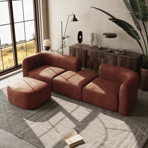 Image of Rosewood ! Modern Classic L Shape Sectional Sofa Set, Chesterfield Style 4 Seater Sofa Set with Pillows for Living Room, Bedroom and Office and Hallway Colour (Modular 4 Seater Brown)