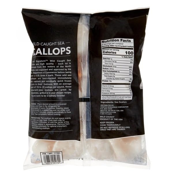 Raw Sea Scallops, Wild caught, U.S. Grade A; All Natural; 15-20 Scallops Per Pound. Ingredients : Sea Scallops [ 32 oz, 2 lb ]