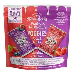 Nature’s Garden Probiotic Yoggies Multi Pack, 21oz (Strawberry Yoggies 15×0.7 oz +Mixed Berry Yoggies 15×0.7 oz), Strawberry and Mixed Berry Yogurt Covered Snack, High Fiber, Real Fruit Pieces, No Artificial Ingredients, Healthy Snack for Adults