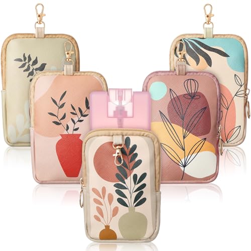 Kacctyen 5 Pcs Boho Leather Hand Sanitizer Spray Case Zippered Pouch Compatible with Touchland Power Mist Portable Hand Sanitizer Holder Protective Case Fashion Accessory with Snap Hook, 1fl oz