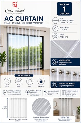 Image of 7 ft Solid Transparent AC Curtain | Waterproof Heavy-Duty 0.15 mm | Dust Wind Rain Protection, Mold & Mildew Resistant | All Season Use for Door, Window & Bathroom (Pack of 1)