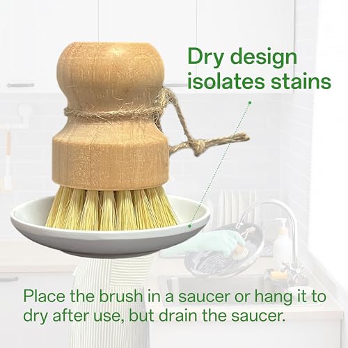 Image of Bamboo Dish Brush Set, Natural Sisal Scrubber for Pots Pans Dishes with Tray, Eco Friendly Kitchen Brush 3 Pack