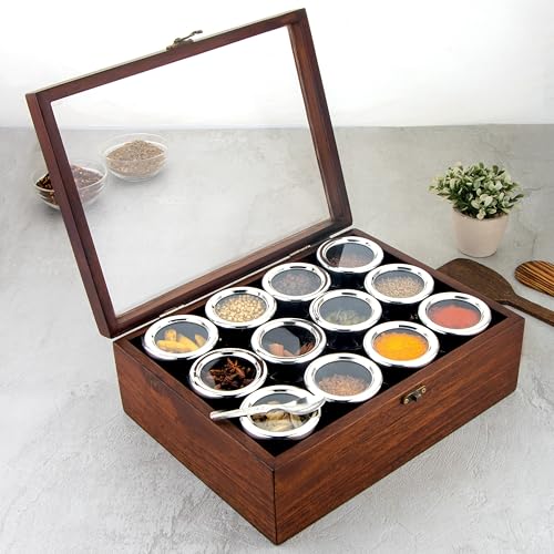 Image of STEEPLE Premium Wooden Masala Box 12 in 1 with Stainless Steel See-Through Containers | Handmade Spice Box Organizer | Wooden Masala Dabba for Kitchen Storage (Brown, 175 ml Each)