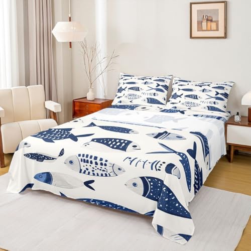 Image of jejeloiu Cartoon Fish Bed Sheets Set Queen Size Marine Theme Bed Set Ocean Sea Animal Deep Pocket Fitted Sheet White Blue Breathable Soft Lightweight Microfiber