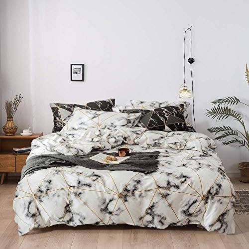 Jumeey White Marble Duvet Cover Queen Black and Gold Geometric Modern Bedding Full Women Marble Print Bedding Set Cotton Men Boys Girls Chic Abstract Plaid Bedding Duvet Cover Set