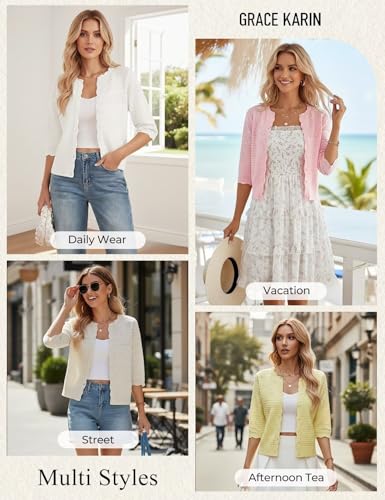 Image of GRACE KARIN Womens 3 /4 Sleeve Cardigan Sweater, Lightweight Cropped Cardigan Trendy, Dressy Casual Crochet Bolero Shrugs