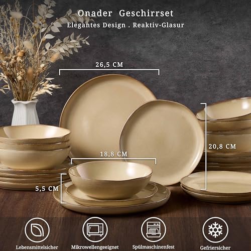 Geschirrset 6 Personen, Onader 18 Teiliges Tafelservice Steingut Set, Unregelmäßig Rund Müslischalen Dessertteller Speiseteller, Anti-Kratzer & Mikrowellenfest, Reaktives Sandfarbenes Khaki