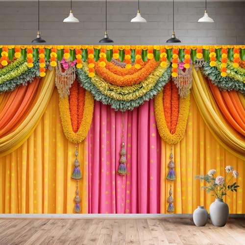 Image of 12x10FT Indian Pooja Backdrop, India Religious Festival Diwali Puja Ganpati Photography Background Marigold Pink Yellow Curtain Banner for Wedding Party Decor Photo Prop