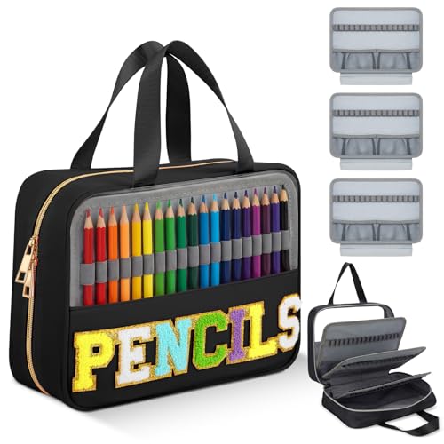 Hillban 108 Slots Large Colored Pencil Case with Chenille Letter Patch Extra Large Capacity Interlayer Pencil Holder Organizer with Handle Zipper Portable Storage Bag for Artist(Black)
