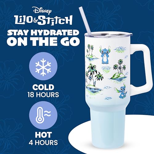Image of Silver Buffalo Disney Lilo and Stitch Vintage Sketch Palm Trees and Flowers Double Walled Stainless Steel Tumbler with Handle and Straw, Fits in Standard Cup Holder, 40 Ounces