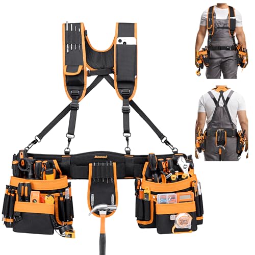 AUROPEAK Carpenter Tool Belt 33-Pocket Suspenders Set 33-48 in Orange