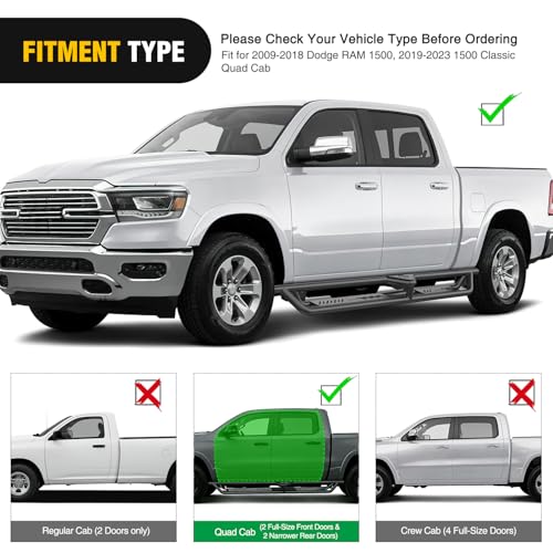 Image of Nilight Running Boards for 2009-2018 Dodge RAM 1500 2019 2020 2021 2022 2023 2024 1500 Classic Quad Cab Dual-Stage Textured Black Powder Coated Slip-Proof Side Step Nerf Bars