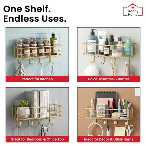 Image of Trendy Home Self Adhesive Bathroom Shelf Organiser, Drill-Free Wall Rack | with Magic Stickers & 4 Hooks, Rust-Proof Storage Shelf for Bathroom, Gold