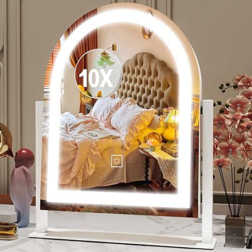 Lighted Makeup Mirror with 3-Color Dimmable Lighting, with Removable 10x Magnifier, Smart Touch Control, 360° Rotation, 15" x 13" Hollywood Vanity Mirror for Tabletop or Desk (White)