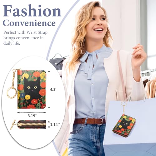 Image of Credit Card Holder RFID Wallet for Women, Small Leather Card Organizer Case with Zipper and Keychain, pussycat