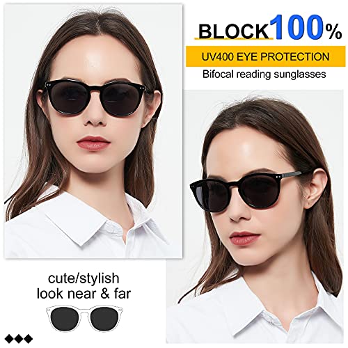 Image of MARE AZZURO Round Bifocal Reading Sunglasses Women Large Outdoor Readers 100 150 200 250 300 350 (Black, 1.50)
