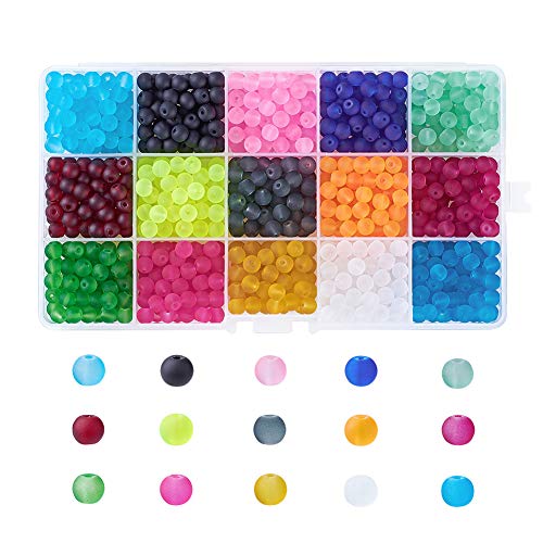 Pandahall 1Box/380pcs 15 Color 8mm Jewelry Glass Beads Transparent Glass Round Beads Frosted Dyed Mixed Color Hole: 1.3-1.6mm