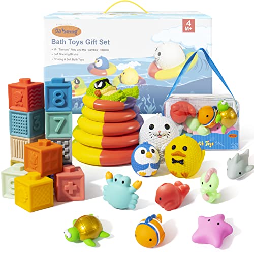 Baby Bath Toys No Hole | Stacking Toys for Babies 6-12 Months Training Finger Sensitivity Bath Toys for Toddlers 1-3 Floating Swimming Ring Teething Toys for Babies 0-6 Months 27 Packs
