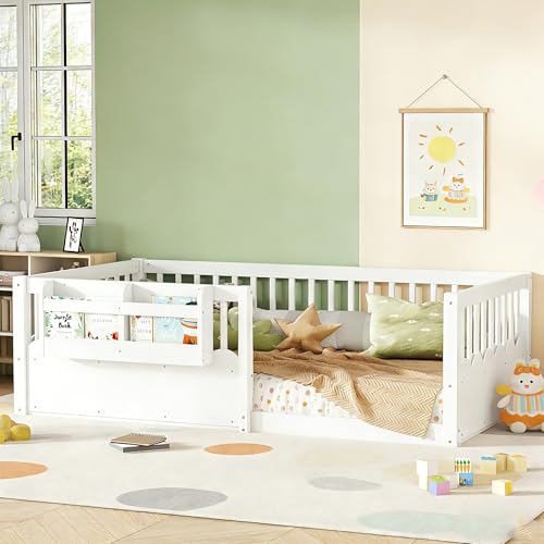 Image of Bellemave Twin Size Kids Montessori Floor Bed,Solid Wood Floor Bed Frame with Bookshelf and High Fence for Kids,Girls,Boys,White