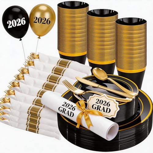WELLIFE 350PCS Black and Gold Plastic Plates - Plastic Dinnerware Set for 50 Guests Include 50 Dinner Plates 50 Dessert Plates 50 Black Cups 9 OZ 50 Pre Rolled Napkins with Gold Silverware
