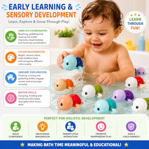 Image of PLUSPOINT Bath Toys for Toddlers | 4 Pack Swimming Turtle Bath Toys | Wind Up Floating Water Toys for Babies & Kids | Bathtub, Pool & Water Play Toys for Boys & Girls 1+ Years