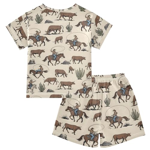 Pajama Short Sets Cowboy Riding Horse Vintage Soft Cotton Summer Sleepwear 2 Piece PJS Size 5-14T2