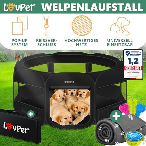 LOVPET® Welpenlaufstall Tierlaufstall Faltbar für Kleintiere Hunde, Katzen Inkl. Hundenapf und Fleece Decke Hundelaufstall Freigehege Oxfordgewebe Pop-up System Indoor & Outdoor, Schwarz
