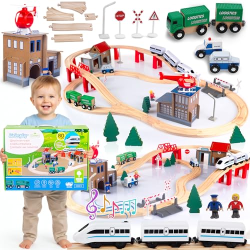 Green Series Kinderplay Train en Bois Enfant - Circuit Long de 378 cm Avec Véhicules et Rails - GS0010