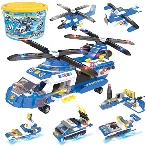 City Police Transport Helicopter Building Blocks Set, 1648 PCS Airplane Military Toy Kit, with Army Helicopters, Patrol Boat, Hovercraft, Command Center and Storage Box Gift for Boys Kids Age 6+