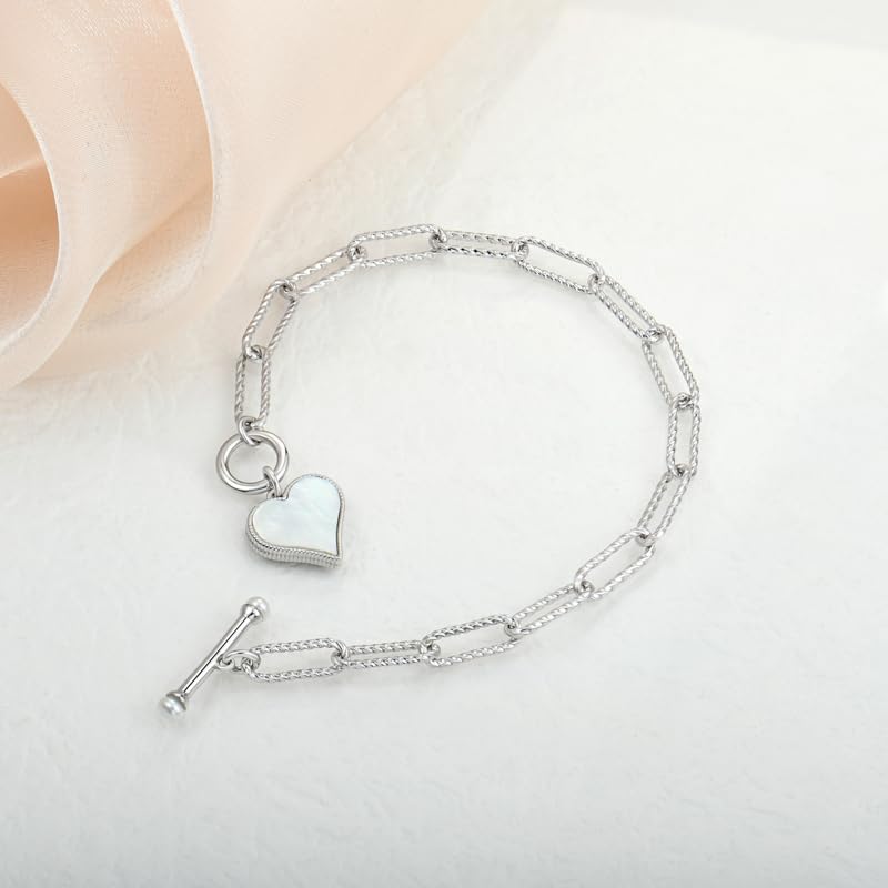925 Sterling Silver Toggle Bracelet with Black Onyx & White Shell Heart Charm, Git for Her, Girlfriend, Wife, Loved Ones, 74