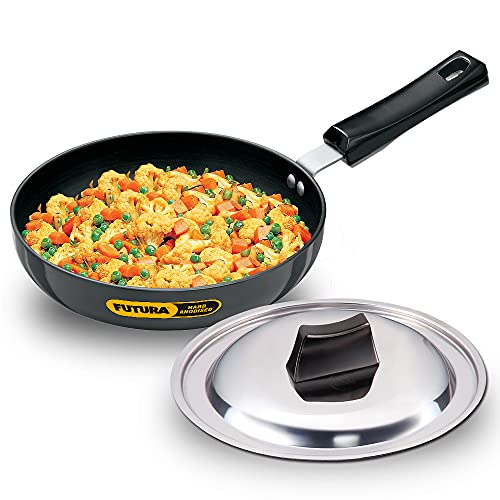 Image of Hawkins Futura 22 cm Frying Pan, Hard Anodised Fry Pan with Stainless Steel Lid, Frypan with Extra Height and Rounded Sides, Small Frying Pan, Black (AF22RS)